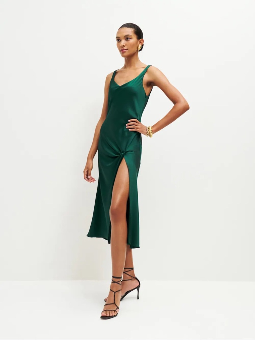 Reformation Bevin Dark Green Satin Slip Midi with Side Knot and Thigh Slit